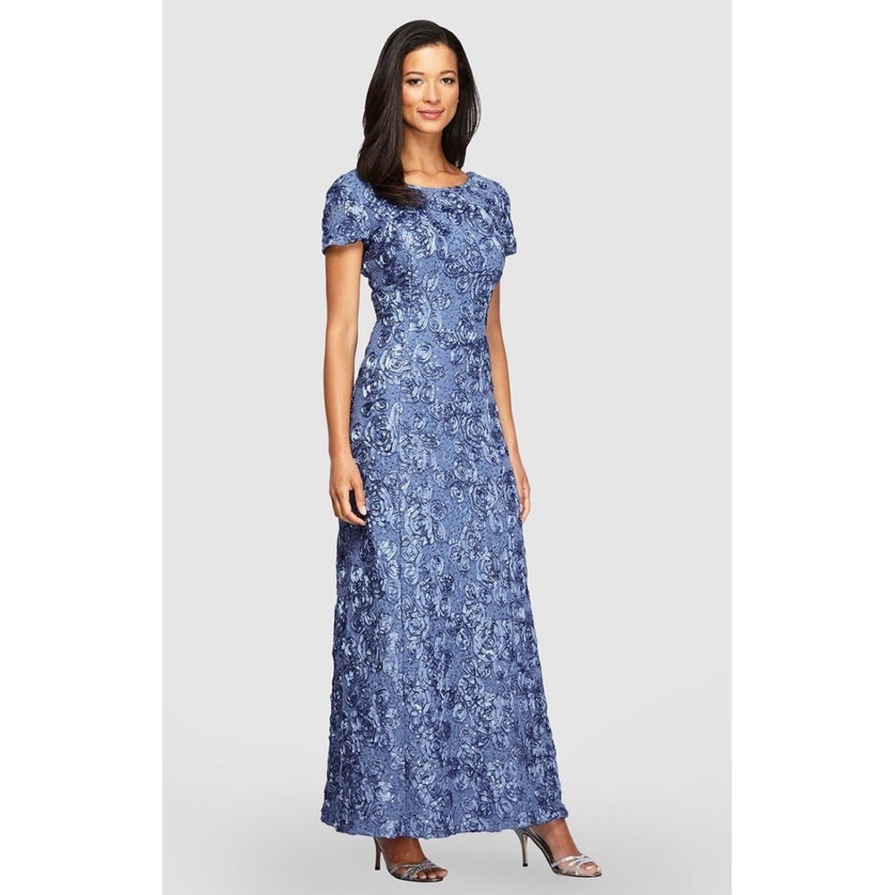 Alex Evenings Periwinkle Blue Evelyn Rosette Long Lace Gown Sz 14P MOTB